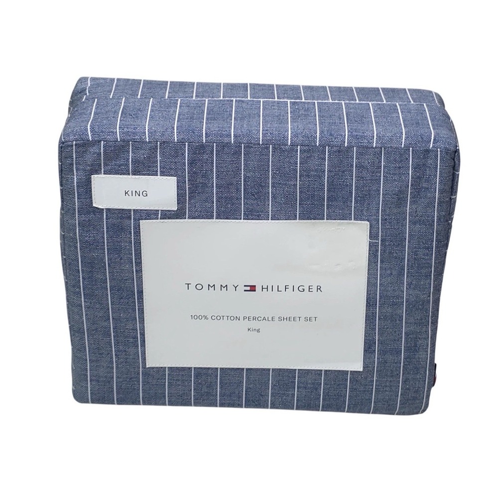 Tommy Hilfiger 100% Cotton Percale King Sheet Set Blue Stripe 4-Piece Denim Blue